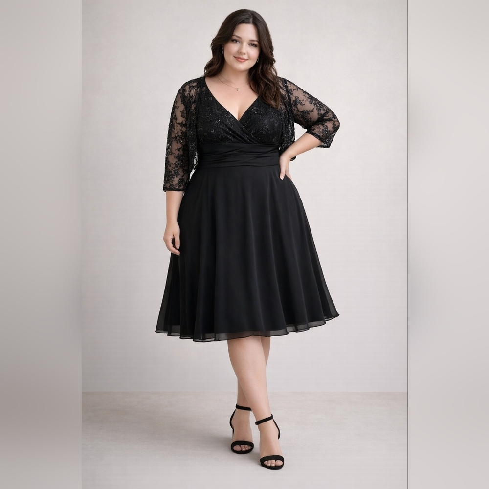 S.L. Fashions Black Sequin Dress 20W Mid Length Lace Overlay Formal Evening with